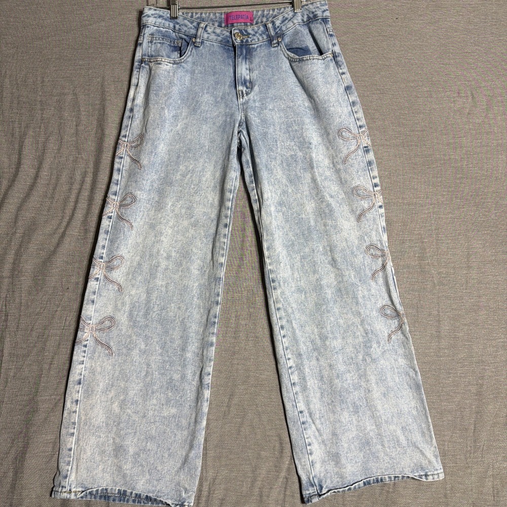 Y2K Telepaths Women's Embroidered Pink Bow Tie Acid Jeans Low Rise 9/29